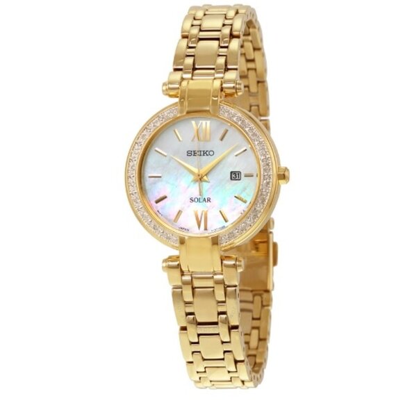 $599 Seiko Solar Mother of Pearl Dial Crystal Bezel Gold Stainless Steel Watch main image 4